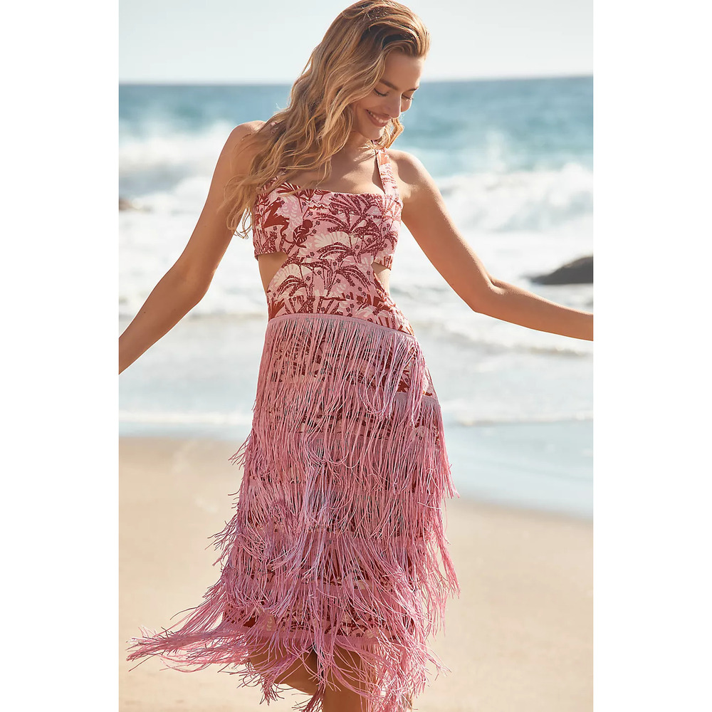 By Anthropologie Linen Fringe Column Midi Dress M NWT